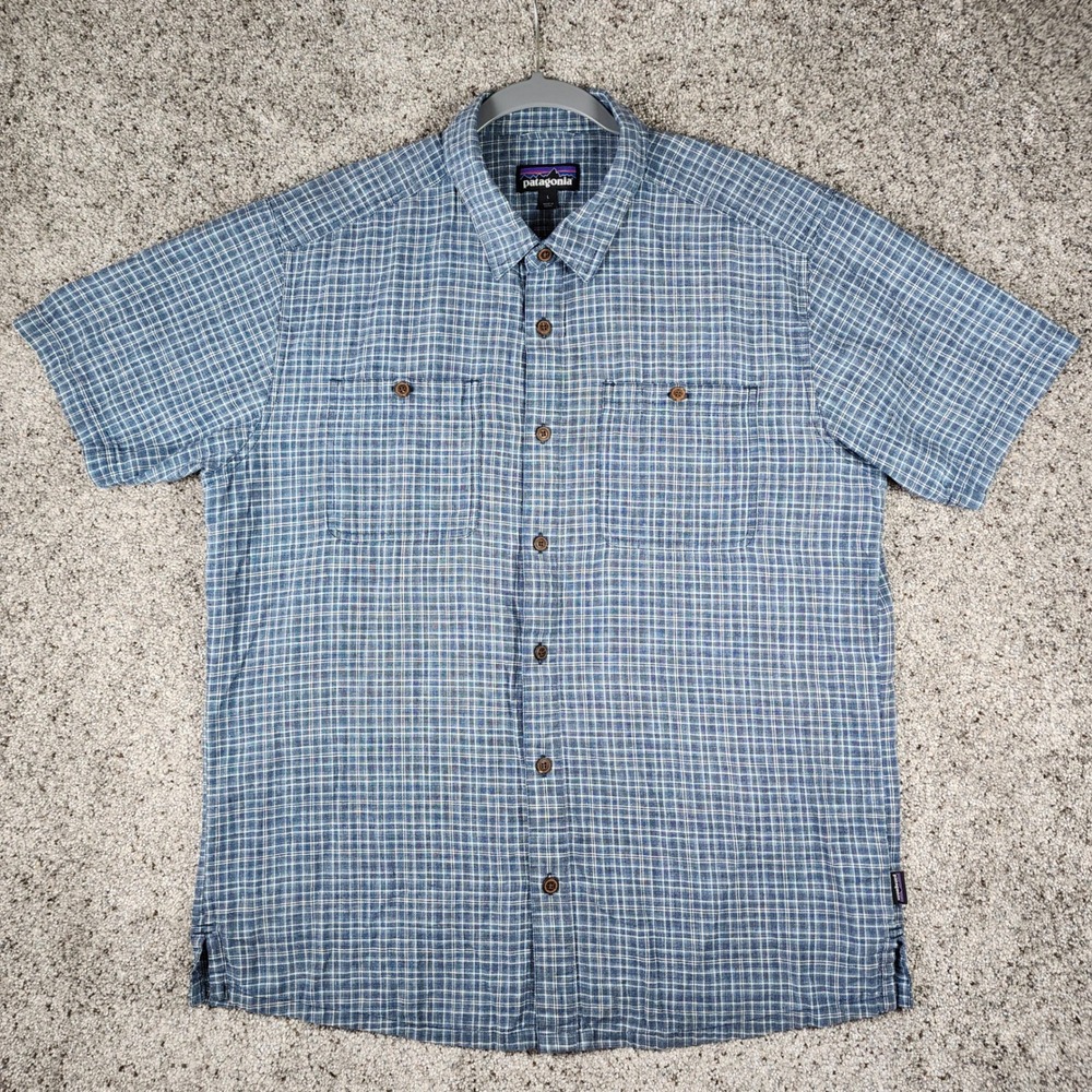 Patagonia Button Down Shirt Mens Large Blue Grid Hemp Organic Cotton Excellent
